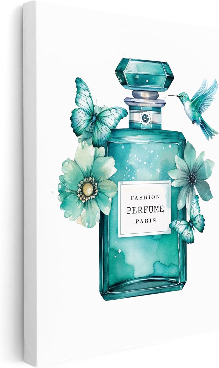 Poster Master Perfume Canvas - Turquoise Fashion Print - Modern Flower Art - Trendy Gift for Men, Women & Fashionista - Minimal Wall Decor for Living Room or Office - 8x10 STRETCHED Canvas