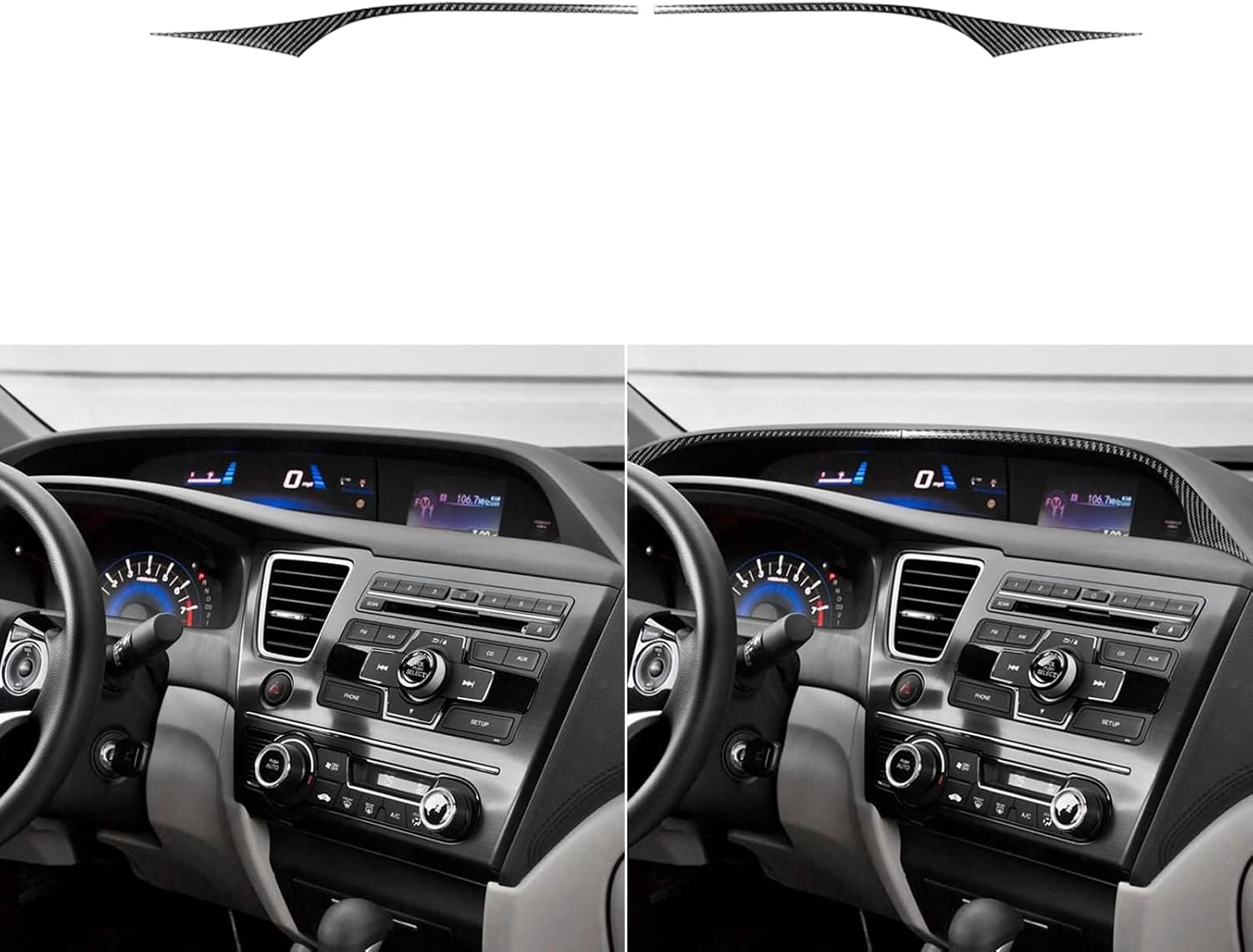 Real Soft Carbon Fiber Car Inner Dashboard Screen Decoration Strip Sticker Auto Interior Accessories Compatible with Civic 9th 2013 2014 2015 Sedan/Coupe Black 2pcs