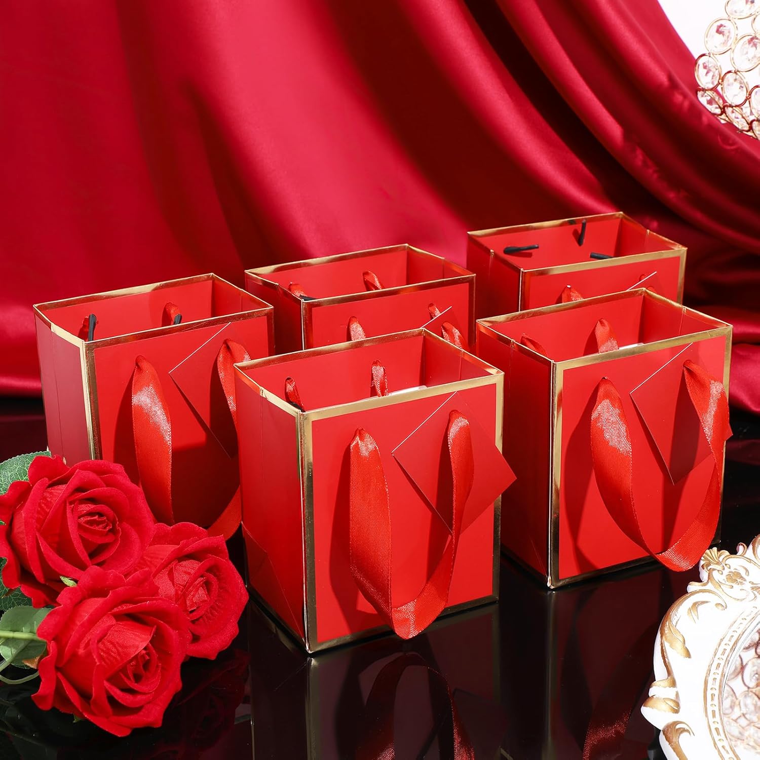 Yeaqee 50 Pcs Mini Metallic Paper Gift Bags with Handles 4x2.75x4.5'' Tiny Small Gift Bags with Thank You Tag for Wedding Graduation Birthday Party Return Gifts Jewelry Business (Red,Gold) - Image 5