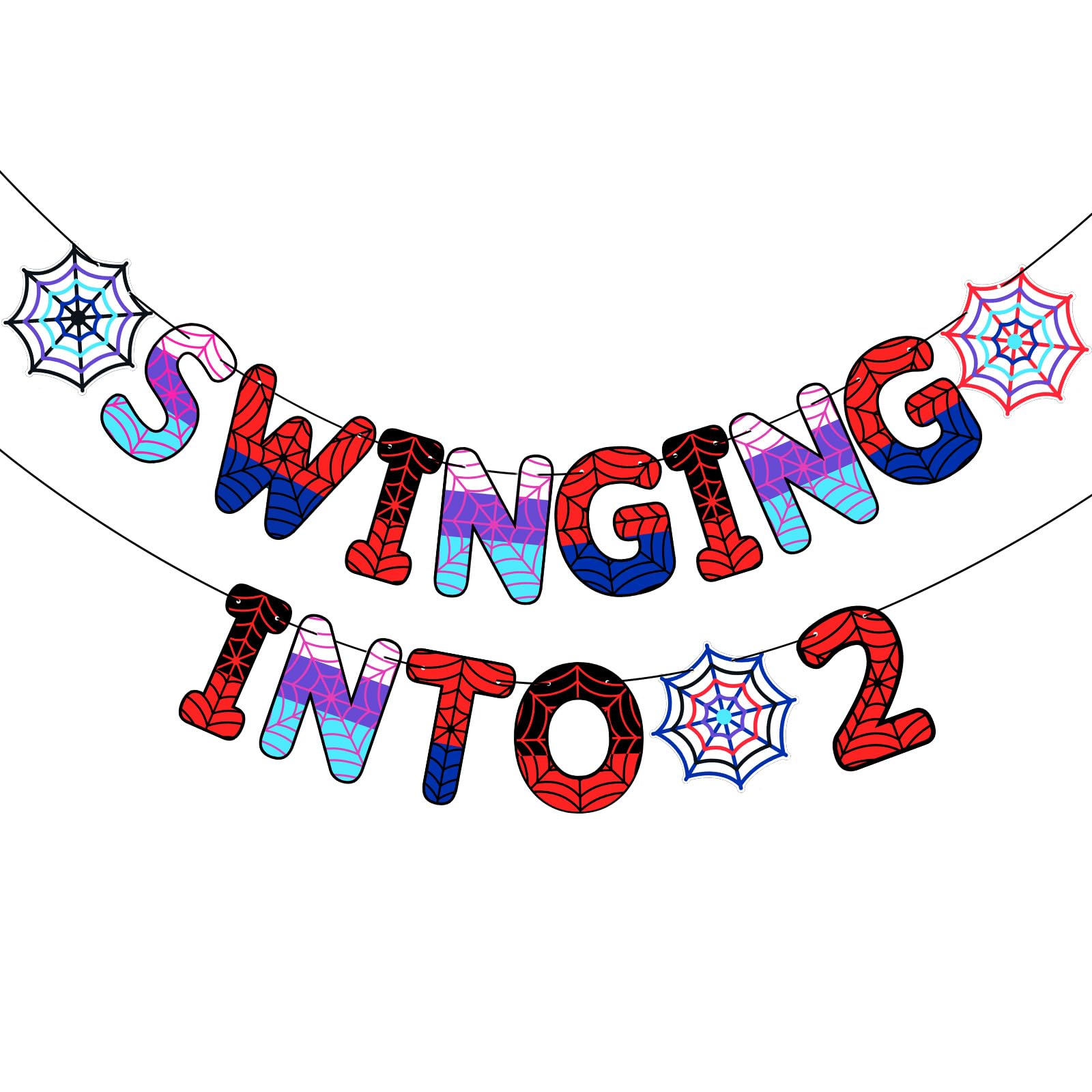TaoBary Spider Theme 2nd Birthday Banner Swinging into 2,Friends Colors