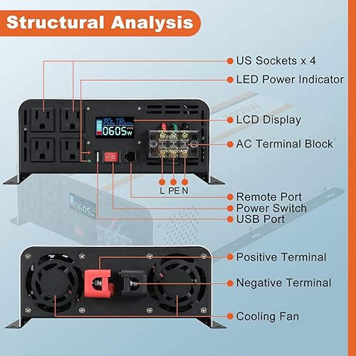Miniatura 39 de Inversor de onda sinusoidal pura de 3000 W, CC 12 V a CA 120 V con pantalla LCD, control remoto, puerto USB, 4 salidas de CA y bloque de terminales