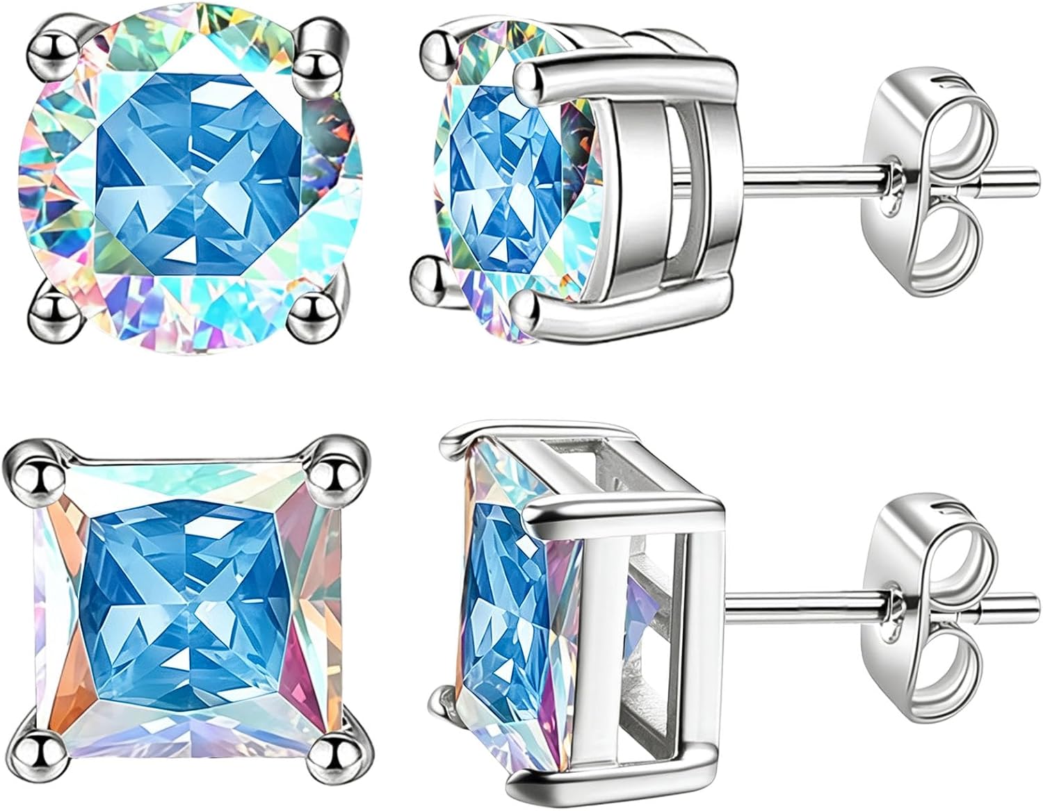 NEWITIN 2 Pairs Silver Stud Earrings for Women Hypoallergenic Earring Stainless Steel Inlaid Cubic Zirconia Studs Earring Diamond Halo Stud Earrings for Women Men