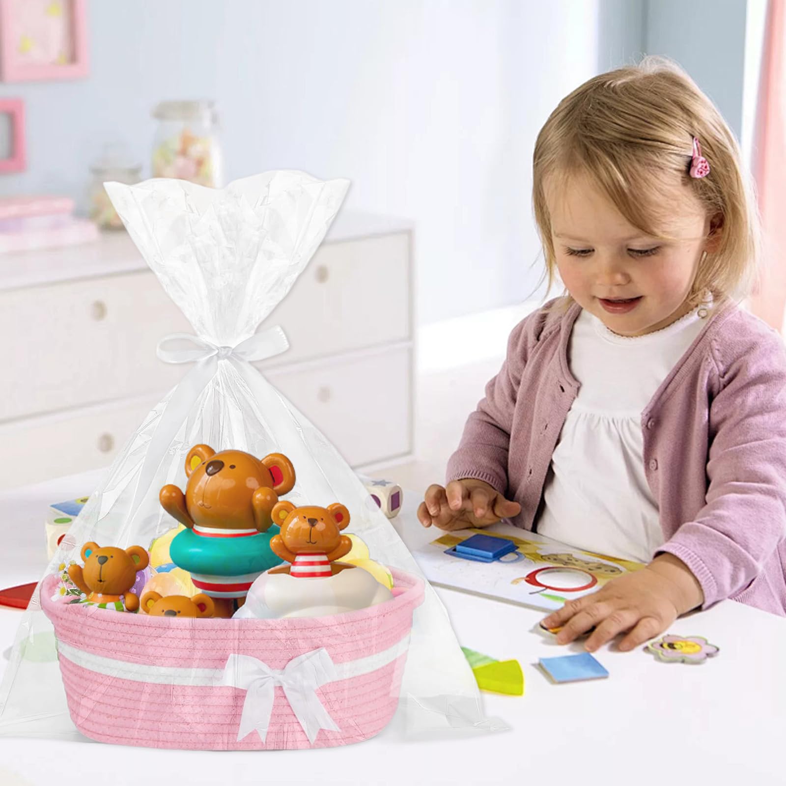 Panier cadeau, panier de rangement ovale tressé vide avec sac cadeau et rubans, panier de rangement pour collations, jouets, cadeaux, anniversaire, Thanksgiving, Noël (rose/blanc)