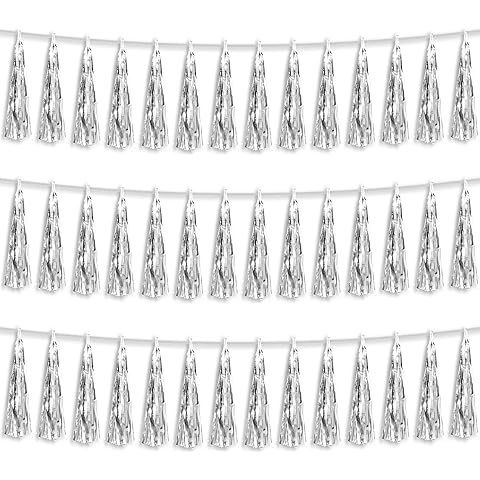 3P Silver Foil Fringe Metallic Tassel Streamers Banner Tassel Garland for Parade Floats, Bachelorette, Wedding, Birthday, Halloween, Christmas, Bridal/Baby Shower Party Decorations