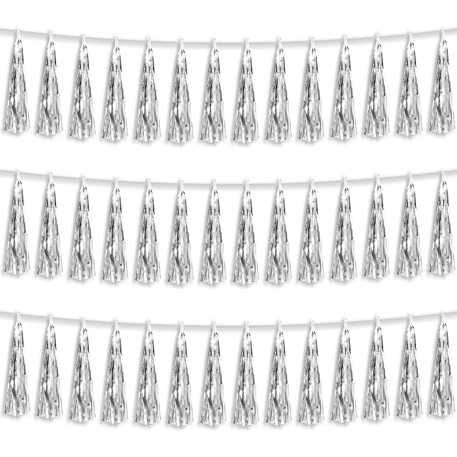 3P Silver Foil Fringe Metallic Tassel Streamers Banner Tassel Garland for Parade Floats, Bachelorette, Wedding, Birthday, Halloween, Christmas, Bridal/Baby Shower Party Decorations