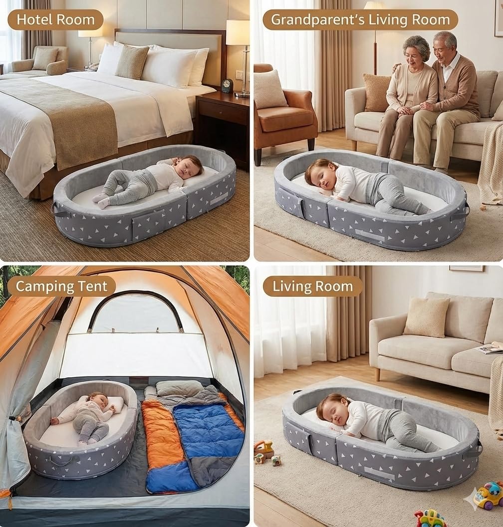 Mooedcoe Portable Foldable Toddler Travel Bed with Sides, Folding Toddler Bed for Travel Kid Foam Sleeping Cot for Children 18M – 5yr Old (Round, Star)