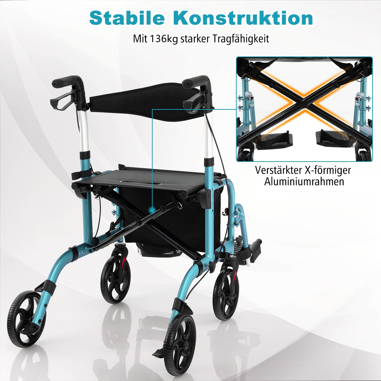 COSTWAY Rollator faltbar und leicht mit Sitz, 2 in 1 Rollstuhl & Reiserollator Leichtgewicht, Gehhilfe 6-fach höhenverstellbar, Gehwagen mit Tasche & Bremsen & Stockhalter, Aluminium (blau)