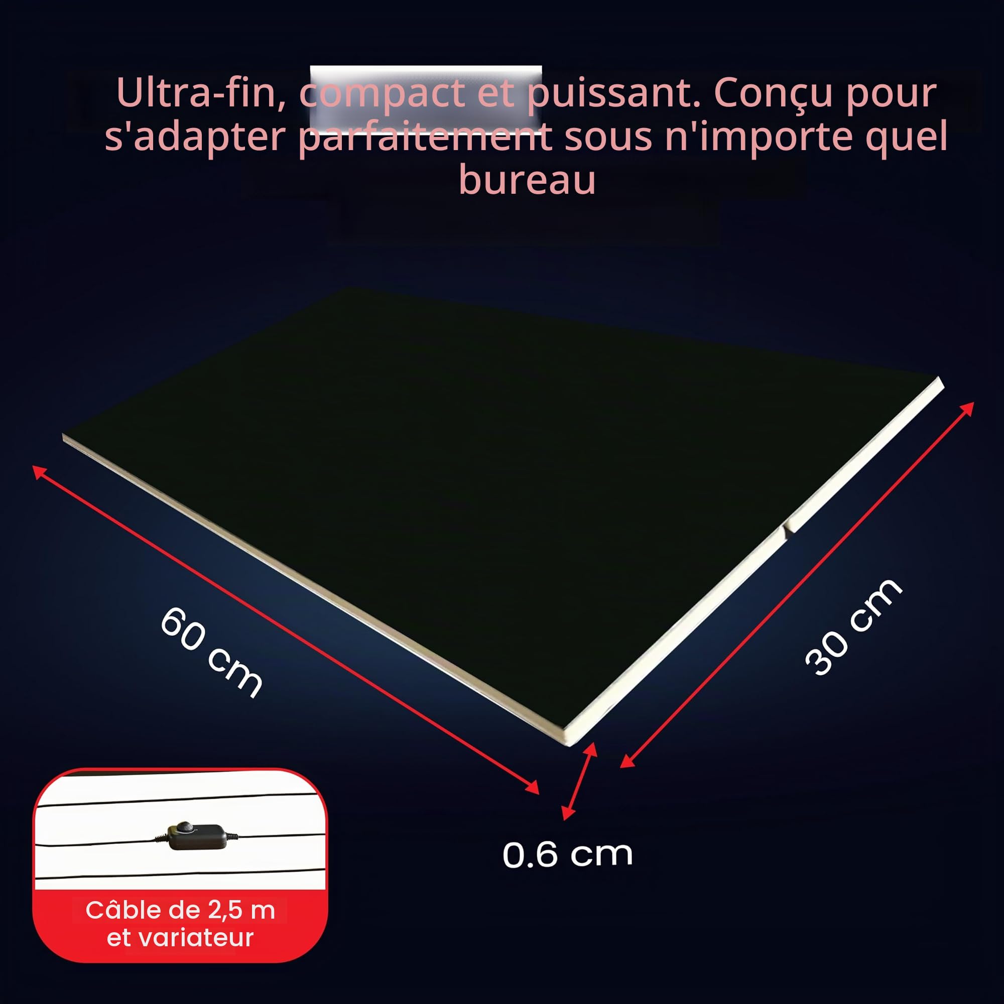 Chauffage de table à infrarouge, panneau de fibres autocollant, 150 W, avec pente - Chauffage de bureau efficace - Technologie infrarouge au carbone