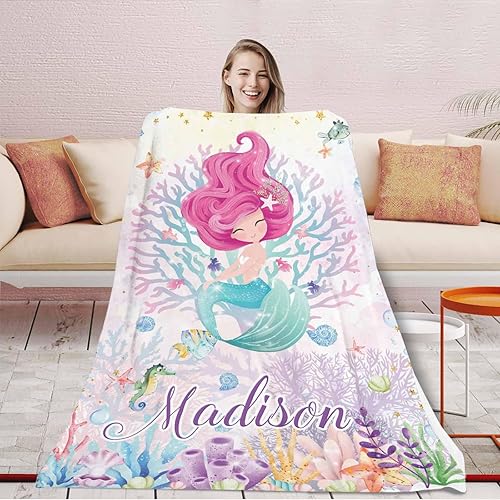 Miniatura 4 de Artsadd Manta de sirena en blanco con nombre, regalos personalizados de sirena para niñas, regalos de cumpleaños para niños y niñas, 40 x 50 pulgadas