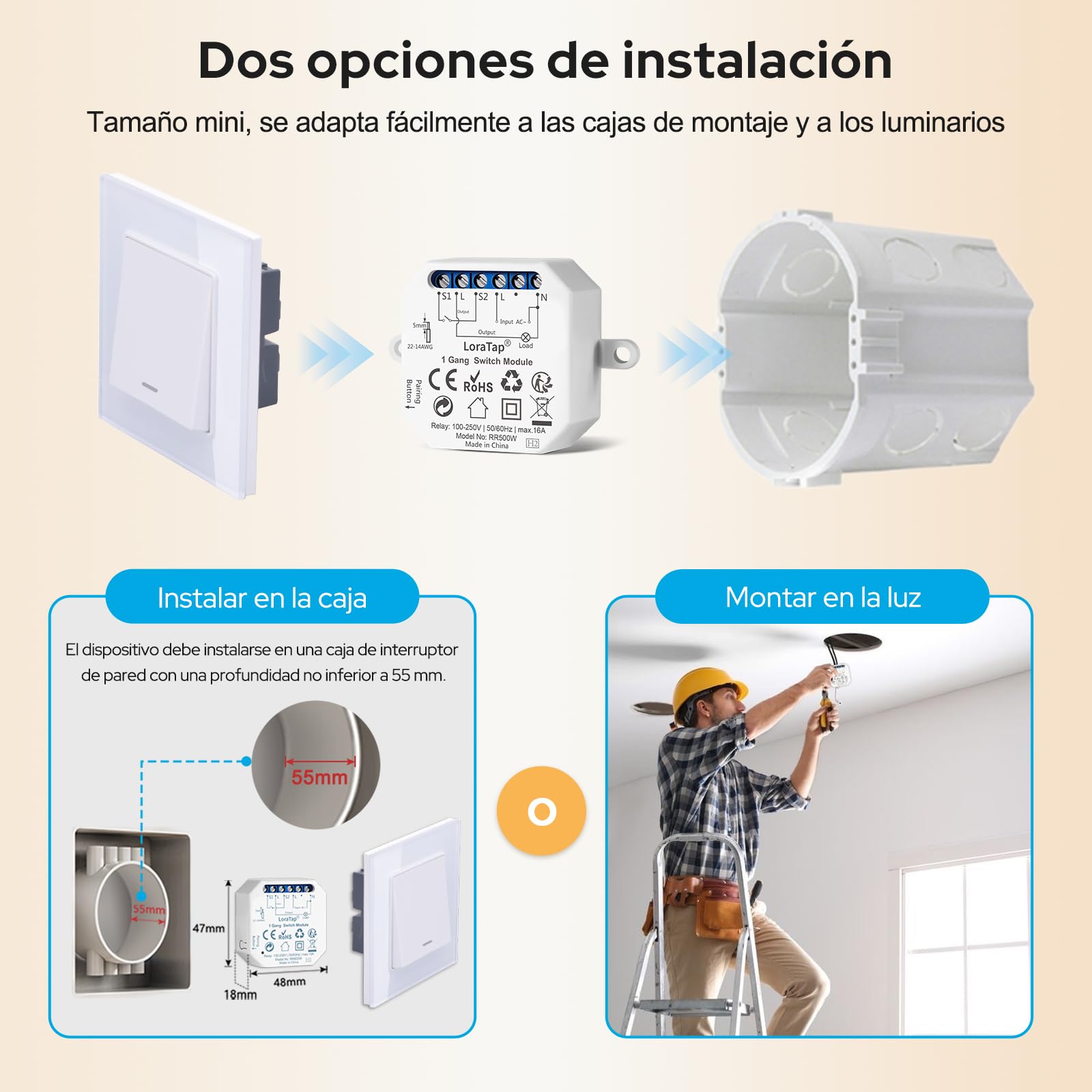 LoraTap Kit de 2 Interruptores Relé WiFi Inalámbricos, Conmutador Paralelo, Receptor de 2300W 10A, Interruptor Inteligente, Control a Distancia por Móvil, Compatible con Alexa y Google Assistant