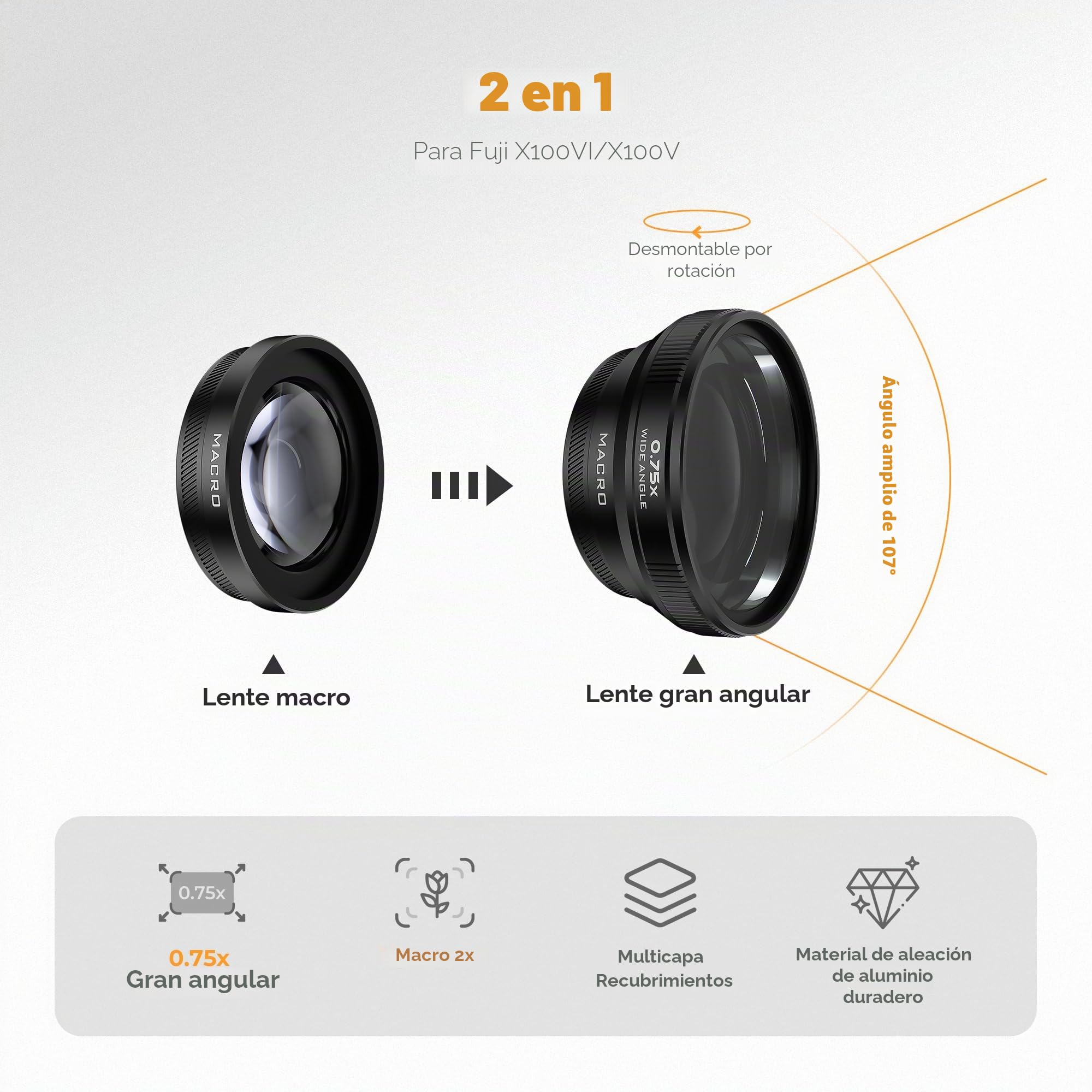 FREEWELL Lente 2-en-1 Gran Angular y Macro para Fuji X100VI/X100V Negro | Diseño Versátil, Aumento Mejorado