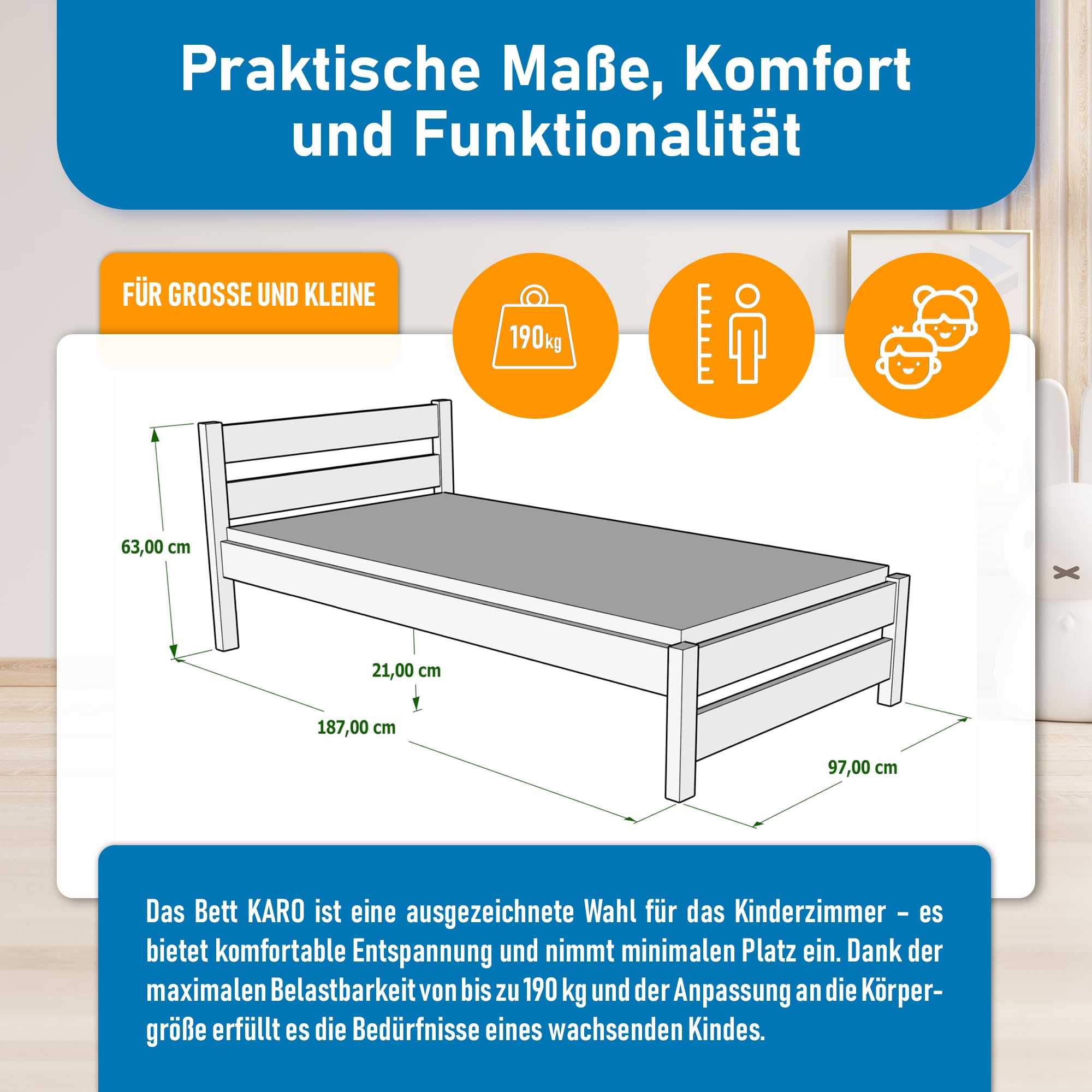 Kinderbett 90x180 cm mit Lattenrost - Einzelbett aus Kiefer Massivholz - Kinder Bett Montessori – Jugendbett – Tagesbett ohne Matratze