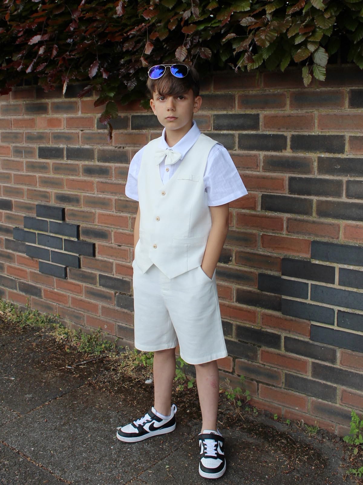 LOLANTA Traje de lino de 4 piezas para niños, traje de caballero de verano, chaleco de vestir, camisa, pantalones cortos, conjunto para playa, boda, graduación