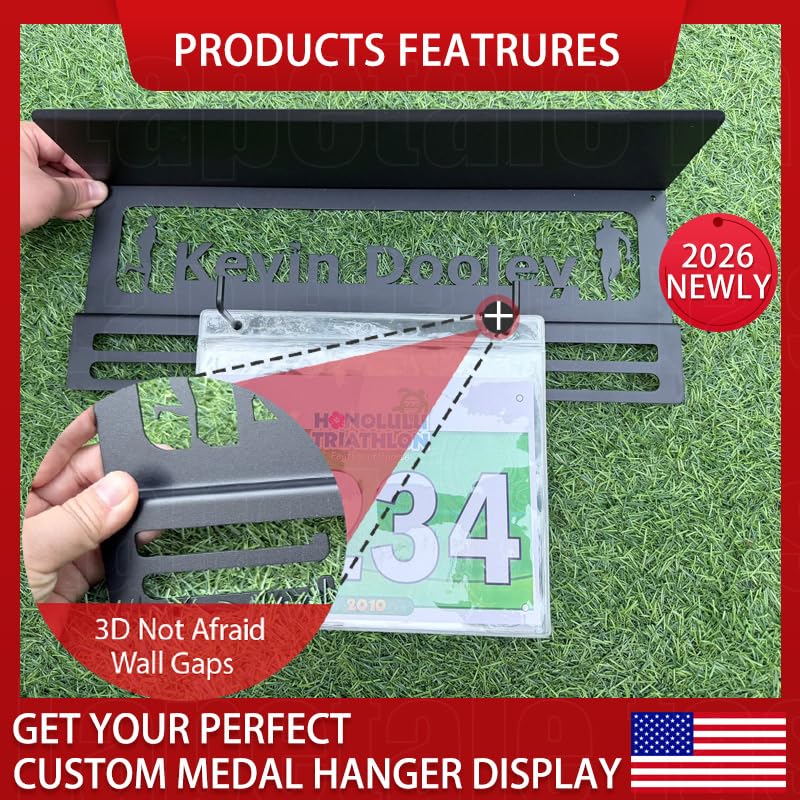 Image of Personalized Medal Holder with Name Display Rack for Awards Ribbons - Metal Custom Sports Race Plaques Hanger for Wall Mount Hold Up 63 Medal Hanger Display for Athlete Boy Girl Kid