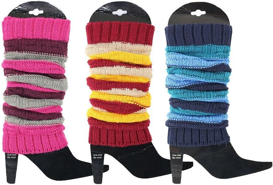 GLENMEARL 3 Pack Women's Fall Winter Warm Colorful Striped Knit Leg Warmers Long Socks