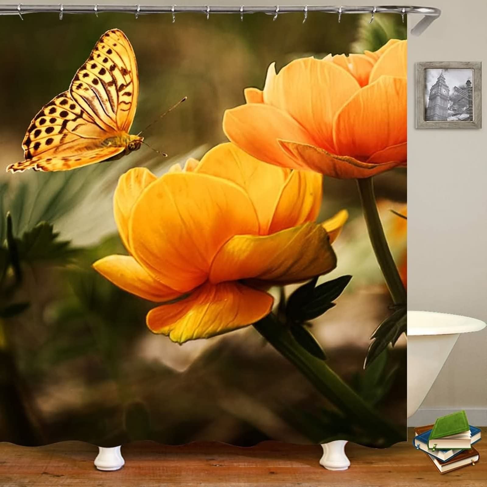 Gualiy Cortina de baño de 59 x 71 pulgadas, diseño de flores y mariposas, lavable, multicolor