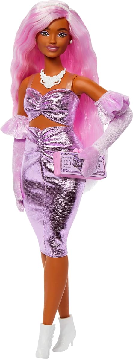 Deluxe Style Doll #1 in Barbiecore Outfit, Pink Hair and Glossy Pink Dress with Accessories Like Velvet Gloves, Money Purse, and More