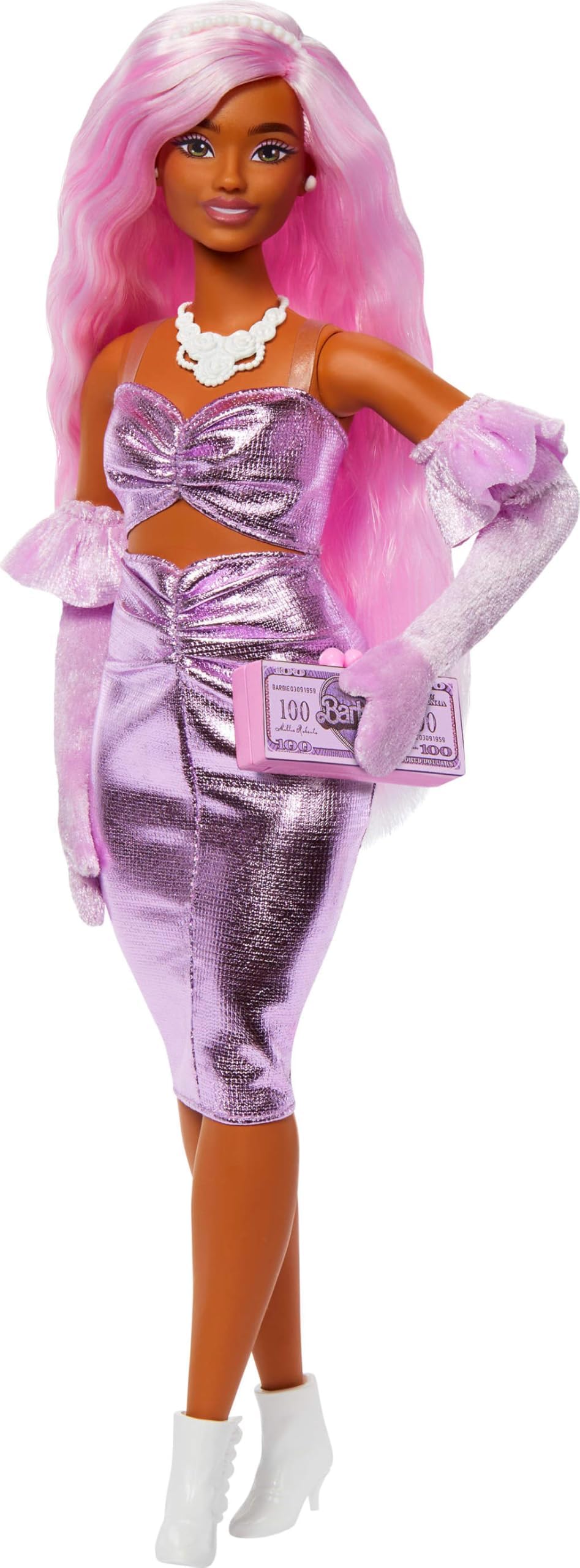 Deluxe Style Doll #1 in Barbiecore Outfit, Pink Hair and Glossy Pink Dress with Accessories Like Velvet Gloves, Money Purse, and More