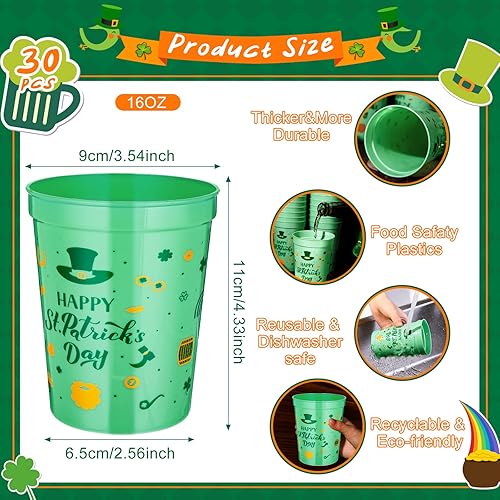 Miniatura 2 de Meanplan 30 vasos de plástico para fiesta del día de San Patricio, vasos desechables de trébol, vasos de la suerte verdes para bebidas de cerveza,