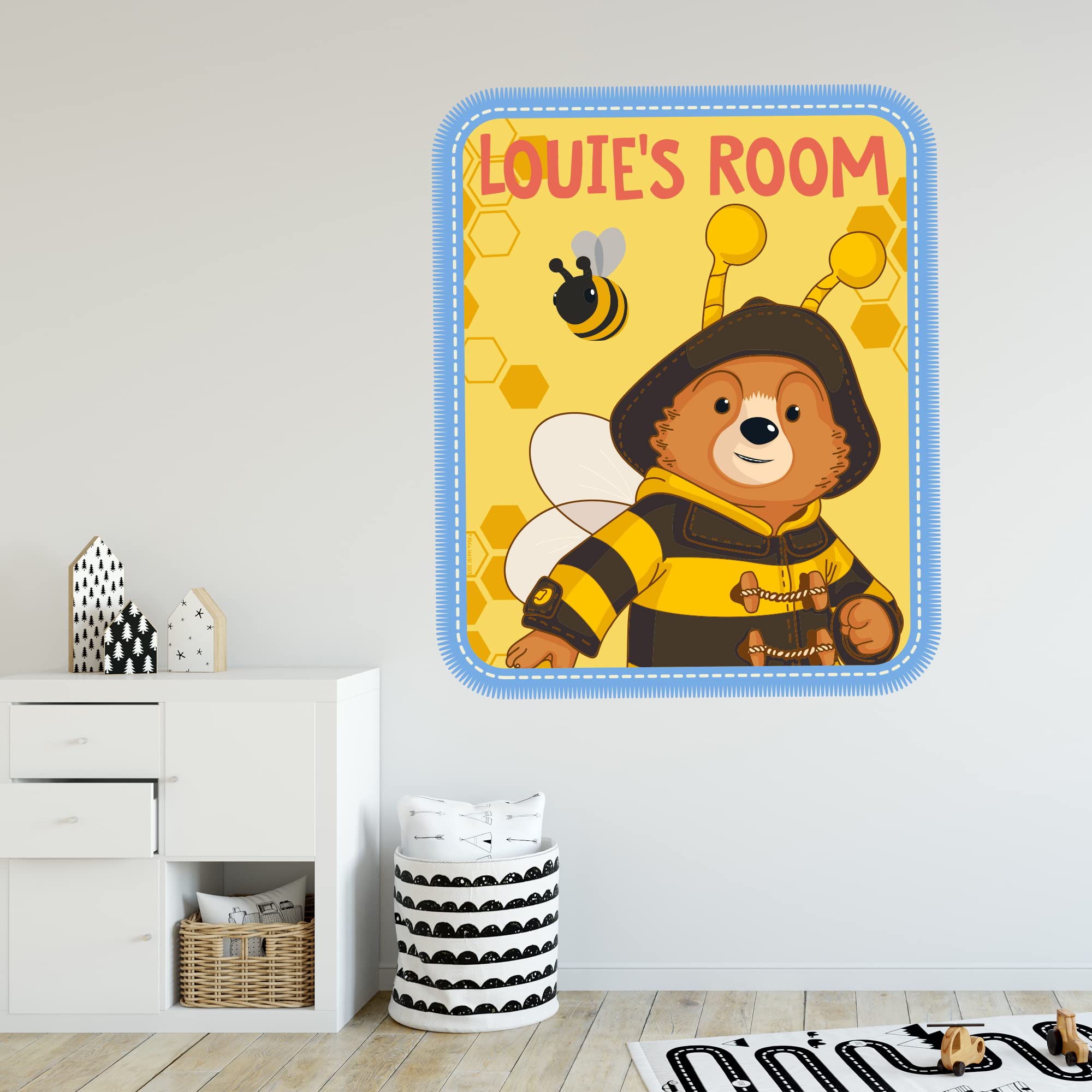 Paddington TV Wall Sticker - Bee Badge Personalised Name Wall Decal Kids Art (60cm Height x 50cm Width)