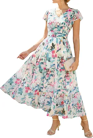 GRACE KARIN 2026 Women Summer Dress, Maxi Short Sleeve Floral Dress, Semi-Formal Flowy Wedding Guest Dress with Pocket