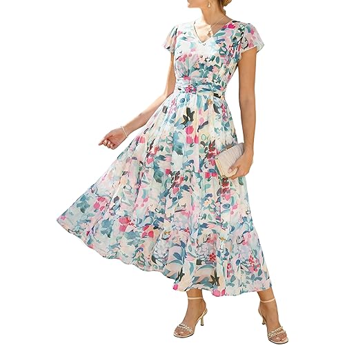 GRACE KARIN 2026 Women Summer Dress,Maxi Short Sleeve Floral Dresses,Semi Formal Flowy Wedding Guest Dress with Pocket