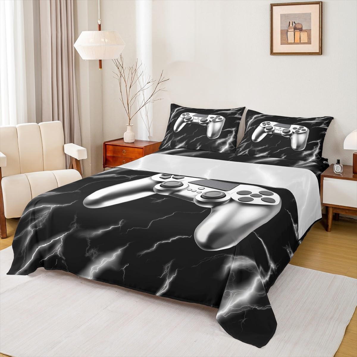 3D Gamepad Bed Sheet Queen Set Modern Gamer Sheets Sets Adults Bedroom Decor Lightning Microfiber Bedding Set with Flat,Fitted Sheet,2 Pillow Cases