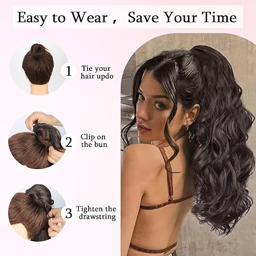 Miniatura 5 de AISI BEAUTY Extensión de cola de caballo negra de 22 pulgadas de largo, ondulado, con cordón, para mujer, cola de caballo sintética con clip (negro)