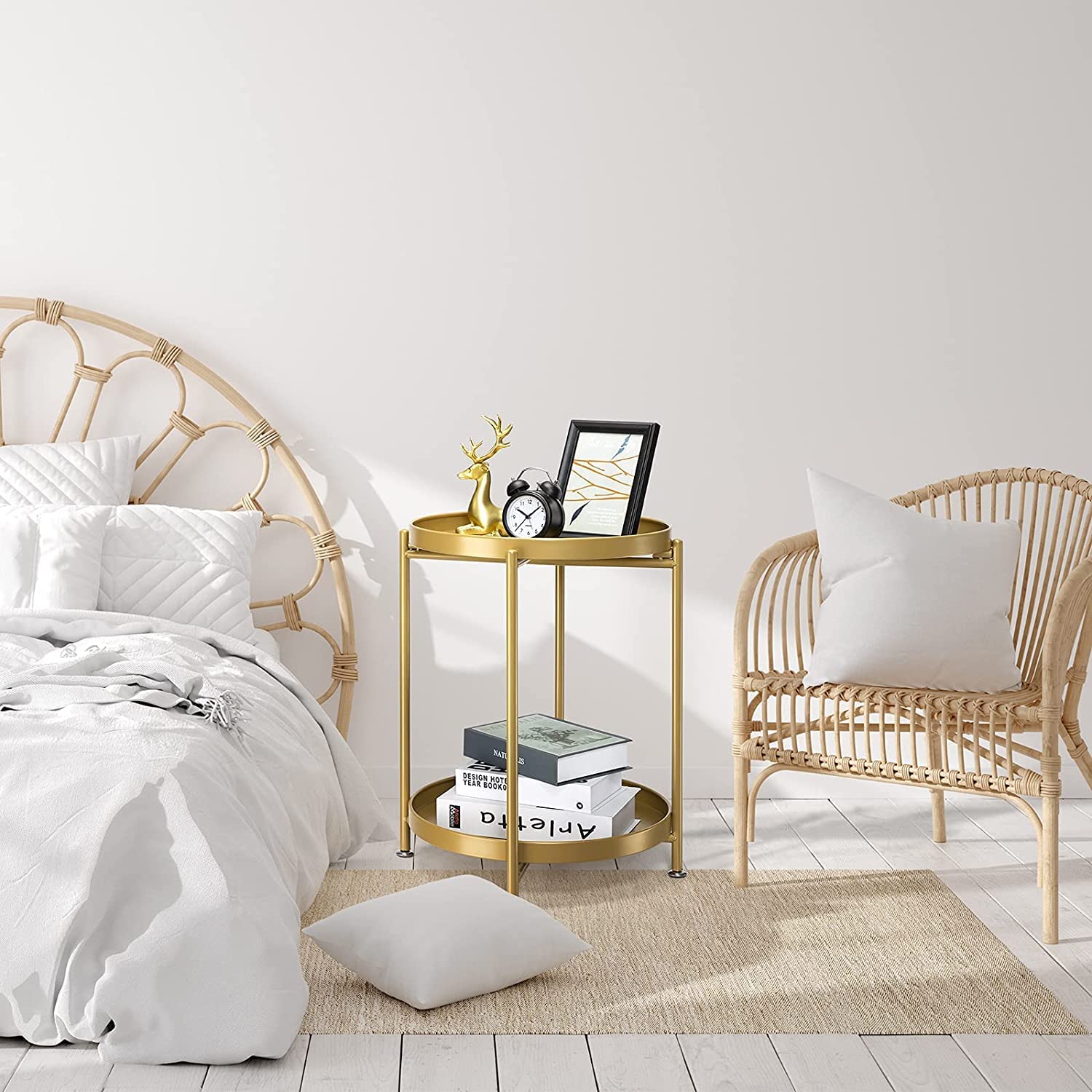 INDIAN DECOR 89203 End Table 2-Tier, Outdoor Side Table Metal Round Side Table with Removable Tray, Small Folding Accent Table, Anti-Rust Nightstand for Bedroom Balcony Patio Living Room (Gold) 3