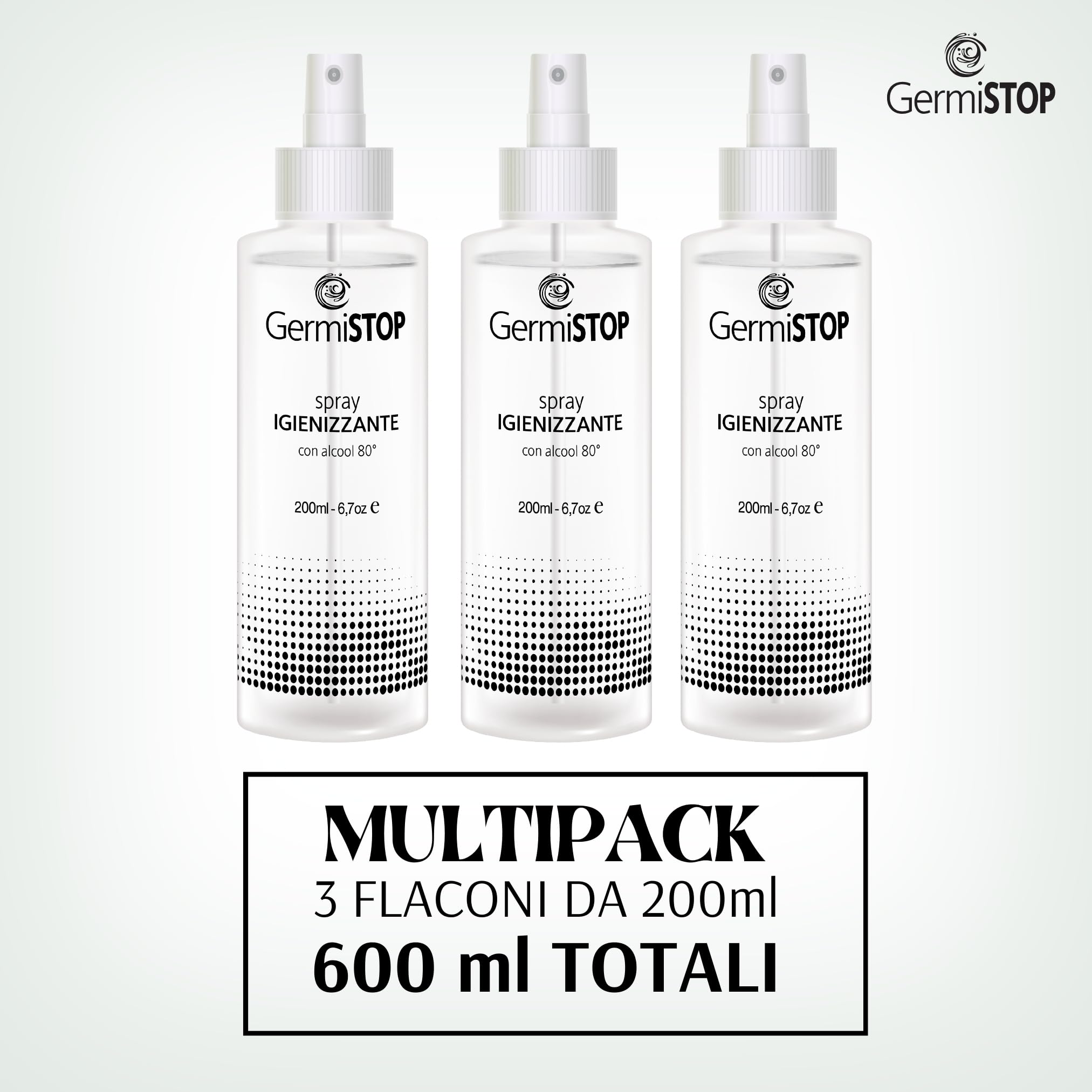 GERMISTOP Igienizzante Mani 3x200ml con Alcool 80% e Glicerina, Spray Igienizzante Superfici con Formula Potenziata