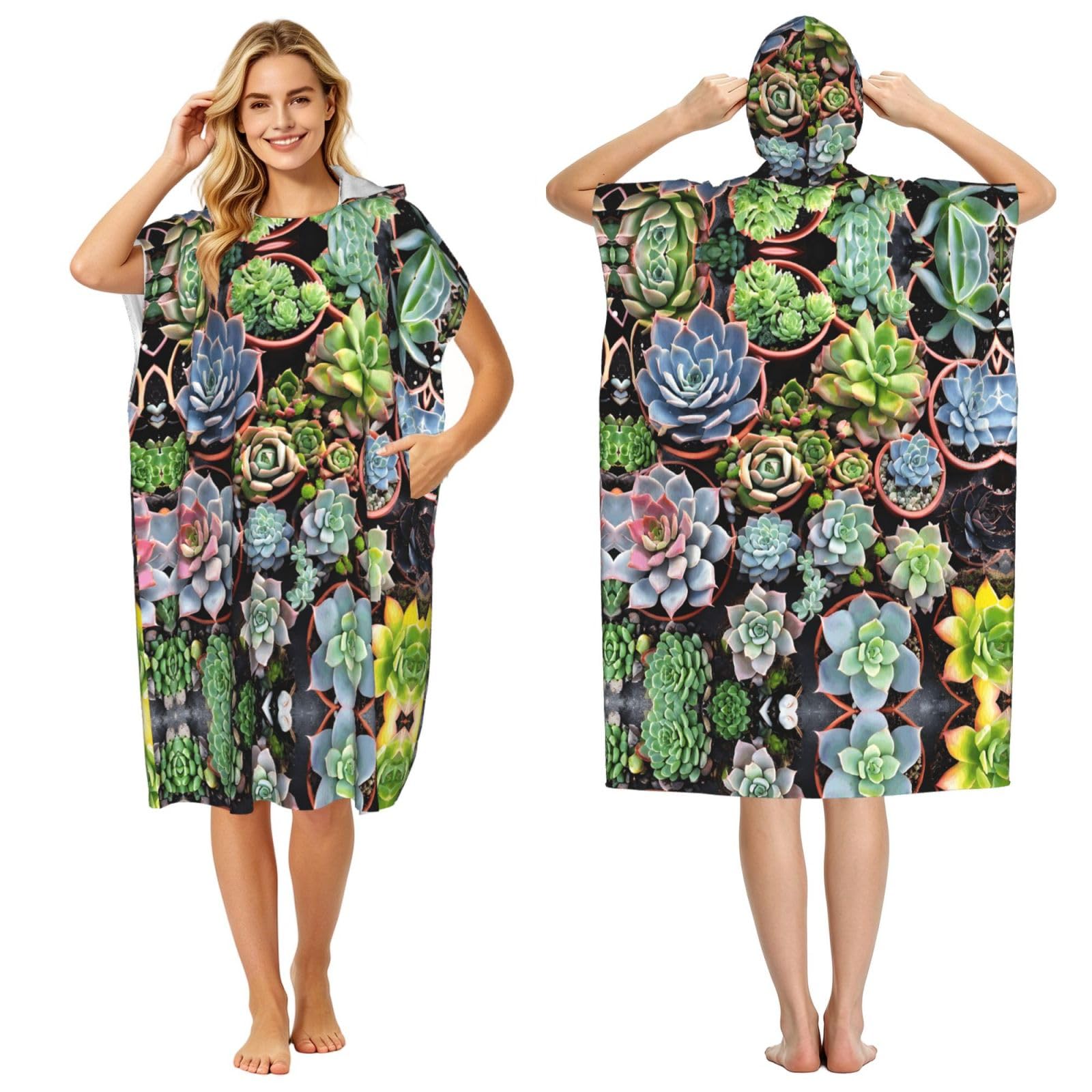 Poncho à capuche coloré pour le surf et la natation serviette de plage imprimé succulent