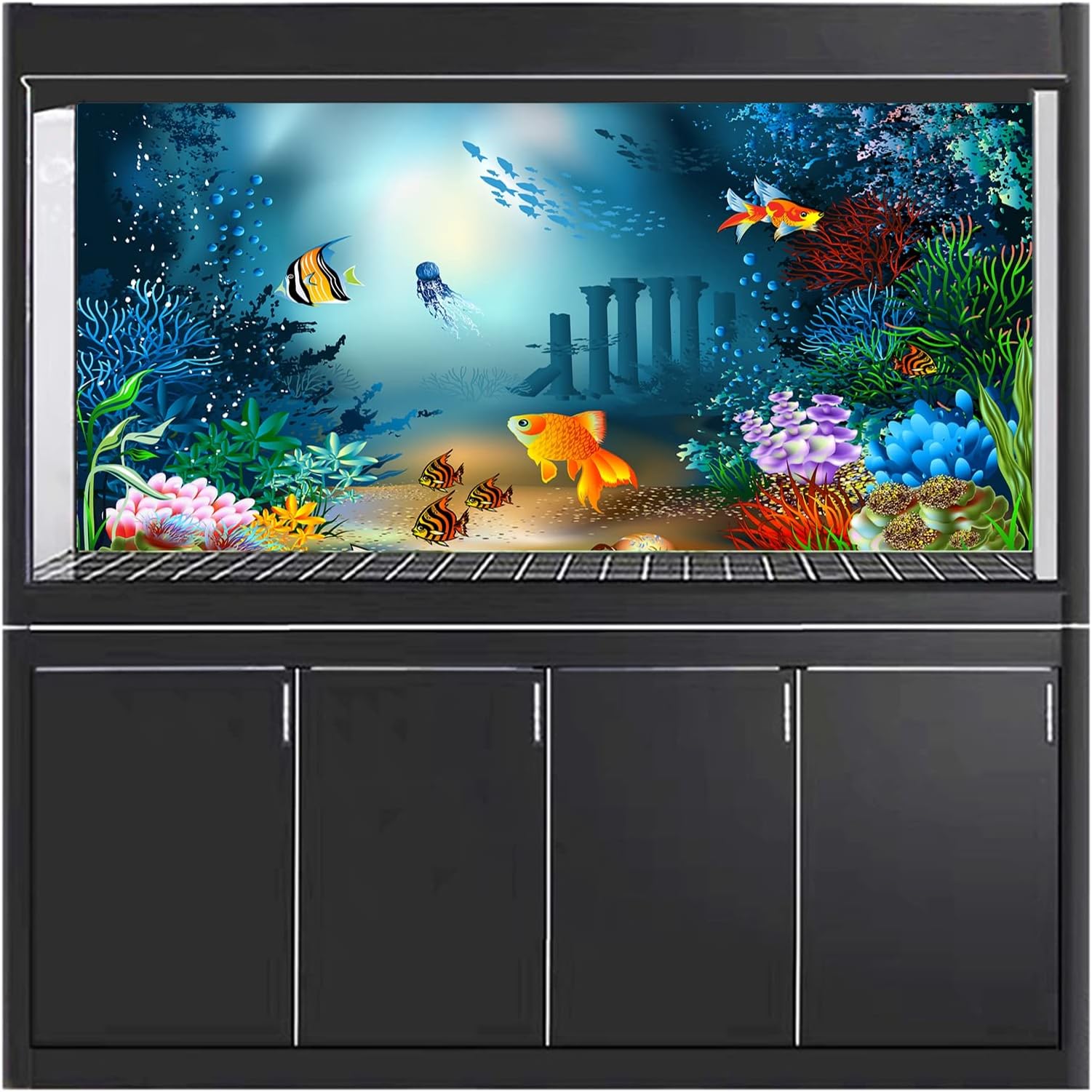 3D Fish Tank Background Backdrop Universal Aquarium Decorative Paper - Underwater World Deep Sea Aquarium Background Poster PVC Self-Adhesive Fish Tank Decor Landscape,C,61x30cm