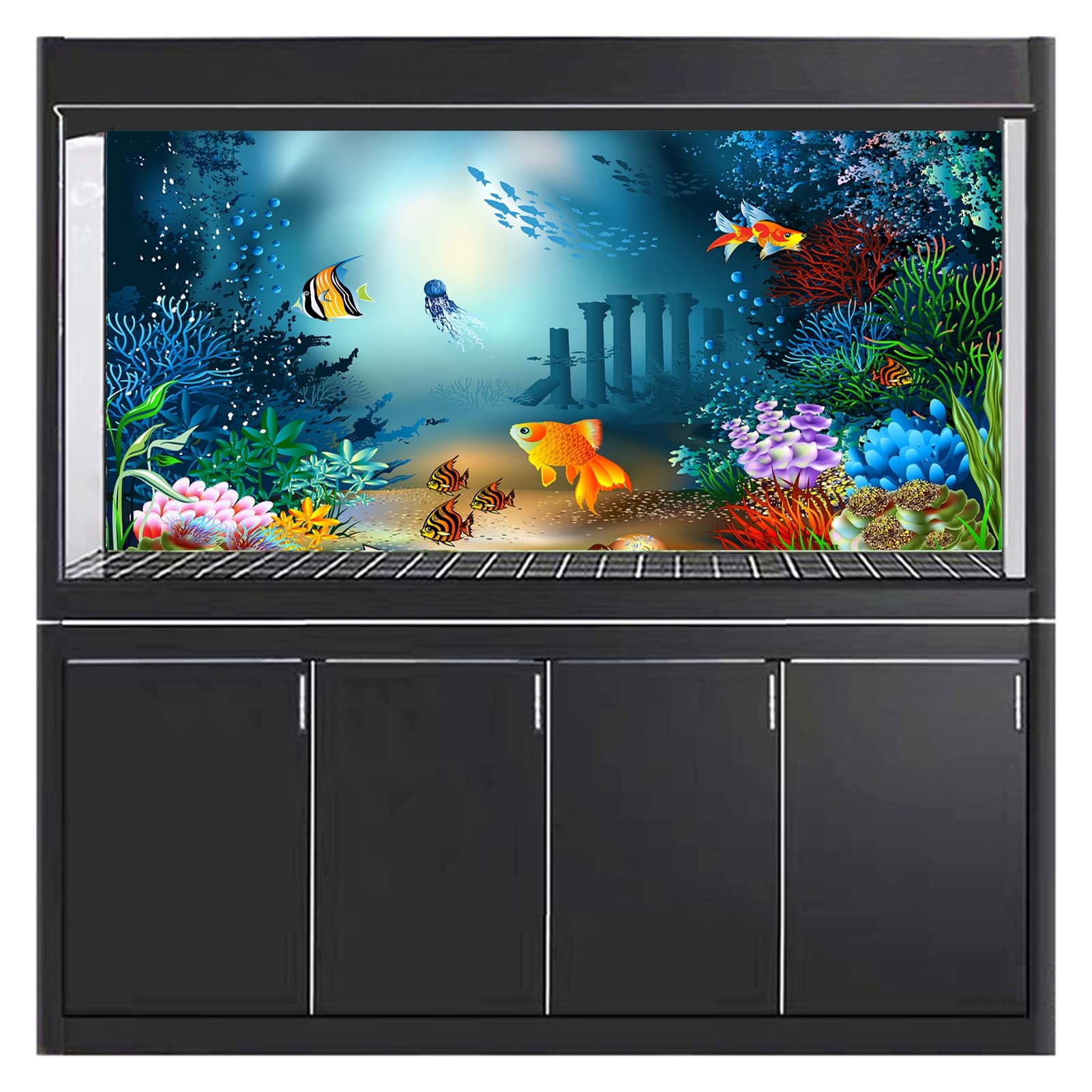 3D Fish Tank Background Backdrop Universal Aquarium Decorative Paper - Underwater World Deep Sea Aquarium Background Poster PVC Self-Adhesive Fish Tank Decor Landscape,C,61x30cm