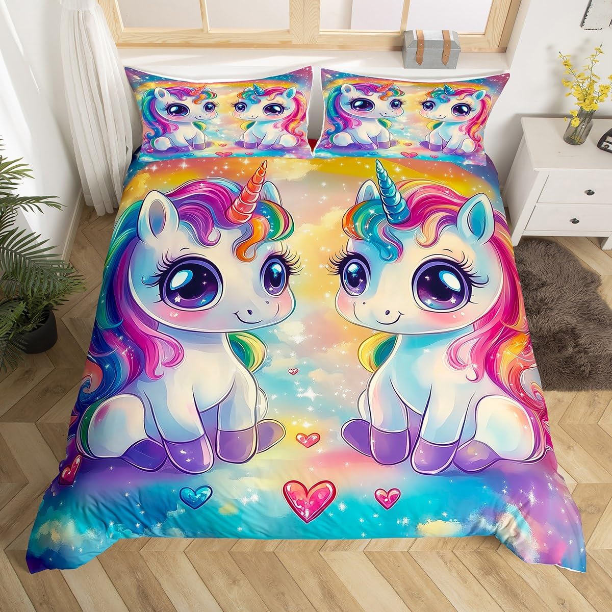 Cute Unicorn Duvet Cover Set Toddler Size,Cartoon Animals Bedding Set,Rainbow Cloud Magical Horse Quilt Cover for Kids,Comforter Cover(No Filler),2 Pcs