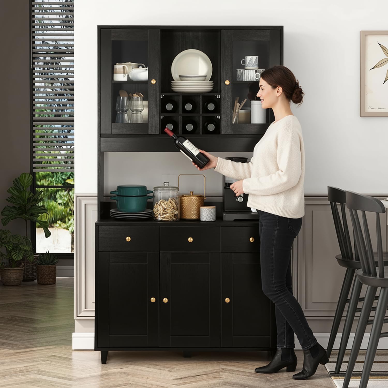 VOWNER Credenza Cucina, Mobile Buffet con 5 Armadietti, Mobile da Cucina Dispensa, Armadio Dispensa, 5 Ripiani Regolabili, per Cucina, Soggiorno, 100L x 38W x 181H cm, Nero