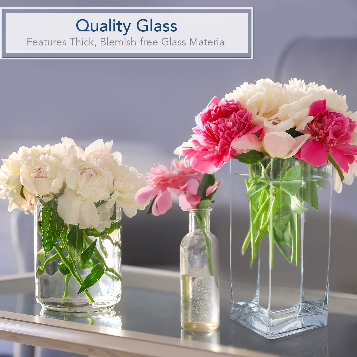 Royal Imports Flower Glass Vase Decorative Centerpiece for Home or Wedding - Tall Rectangle Shape, 10" Tall, 5"x5" Opening