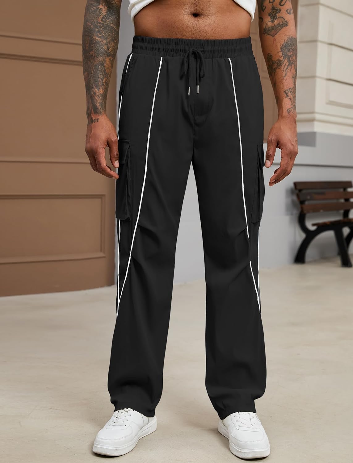 ZAFUL Men's Cargo Joggers Tapered Y2K Contrast Piping Elastic Waist Drawstring Sweatpants with Multi Pockets - Image 2