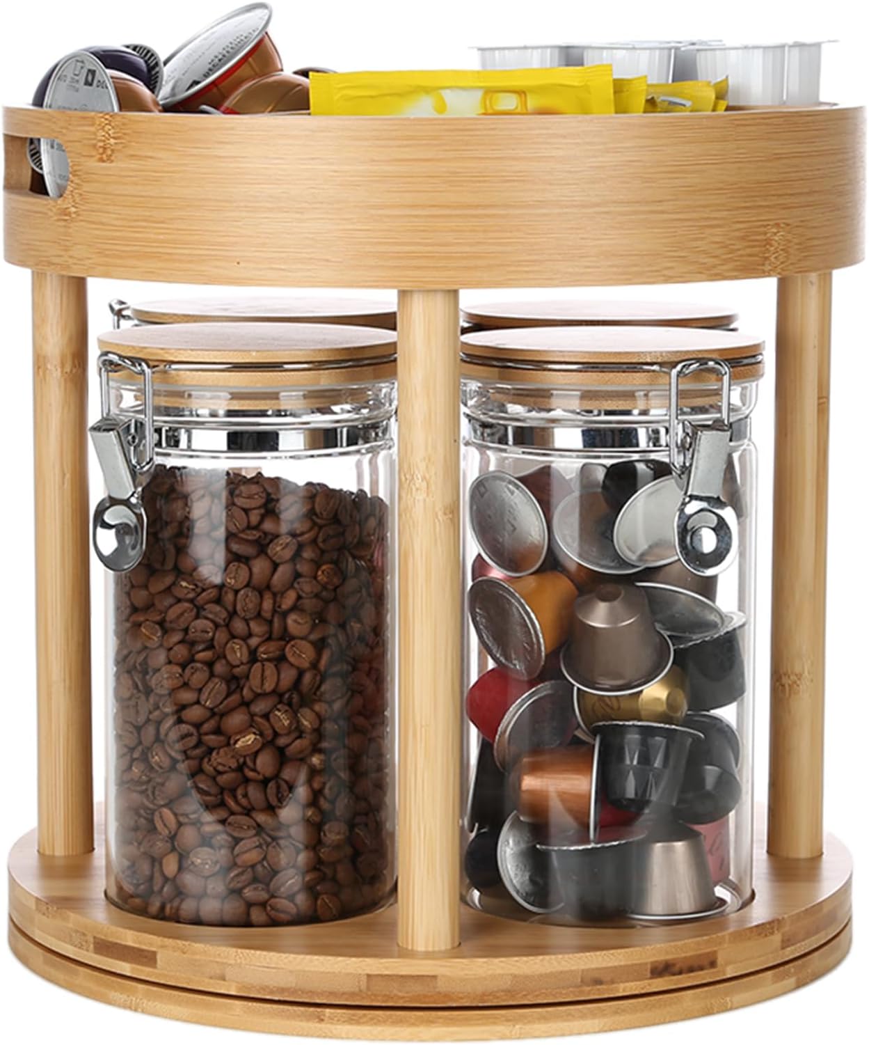 KKC HOME ACCENTSCoffee Tea Bar Accessories Organizer for Countertop,Coffee Bar Lazy Susan Organizer with 4 Airtight Glass Canisters for Countertop,2 Tier,Bamboo