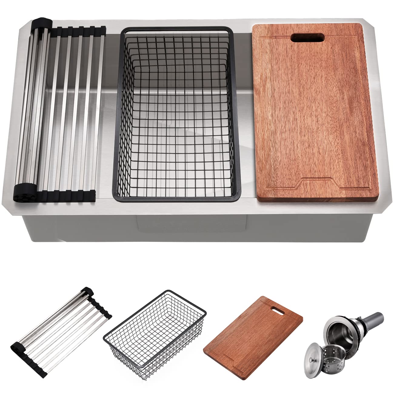 33 Undermount Stainless Steel Workstation Kitchen Sink, Scamall 33 X 19 X 10 Inch 16 Gauge Stainless Steel Single Bowl Workstation Under Mount Kitchen Sink With Offset Drain SML006S