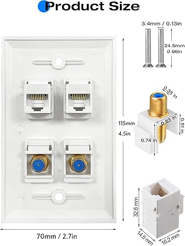 Vista 19 de Placa de pared coaxial Ethernet, 2 puertos Cat6 Keystone hembra a hembra, 1 puerto tipo F conector coaxial Keystone placa de pared - Blanco