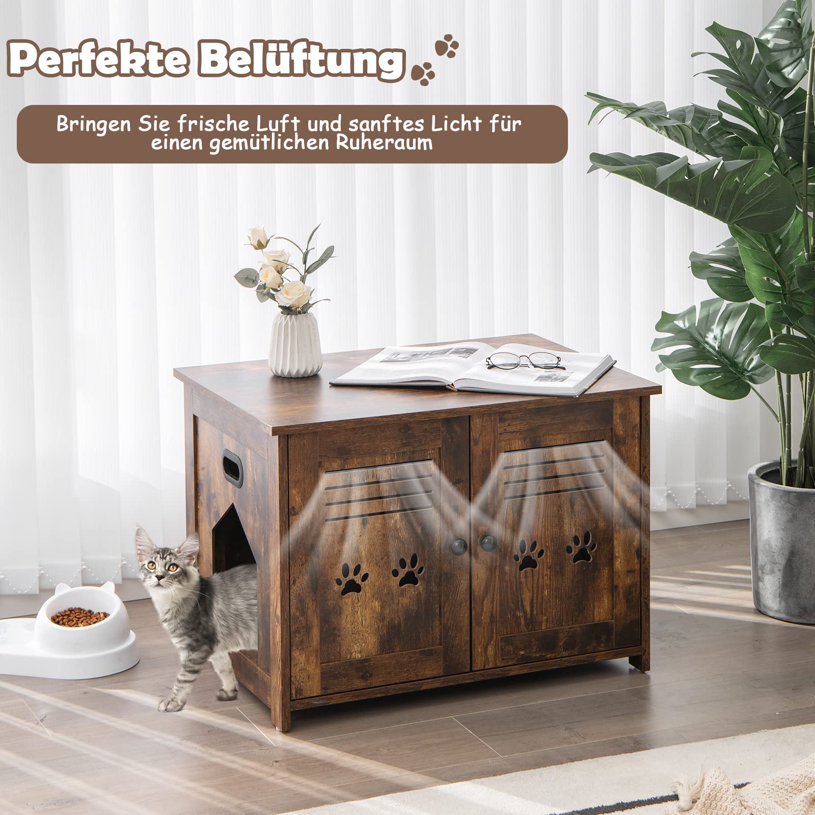 GOPLUS Katzenschrank, Katzentoilette mit seitlichem Eingang, 2 Türen, 2 in 1 Katzenhaus und Couchtisch, Katzenmöbel Industrial-Still für den Innenbereich, für Katzen jeder Größe