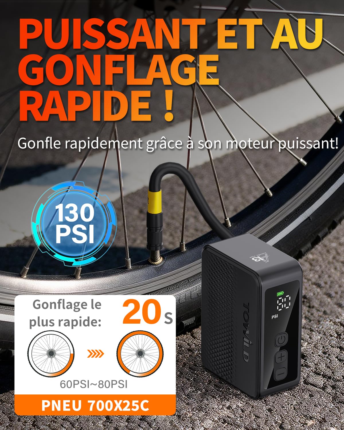 TOWILD A13 Pompe À Vélo Électrique Portatifs, Max 130 PSI Mini Compresseur d'air à Arrêt Automatique avec Valves Presta et Schrader pour Vélos de Route VTT Ville Route E-Bike Rechargeable Type-C
