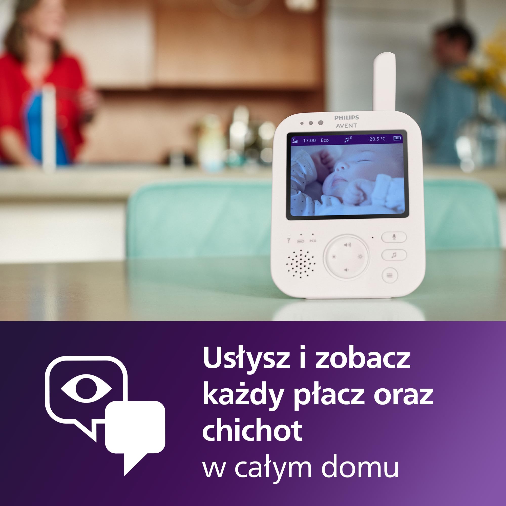 Niania Video Philips Avent Premium z obrazem i dźwiękiem, Certyfikat DEKRA, biała, wyświetlacz 3,5″, 4x powiększenie, tryb noktowizyjny, 2-kierunkowy dźwięk, kołysanki, temperatura, SCD891/26