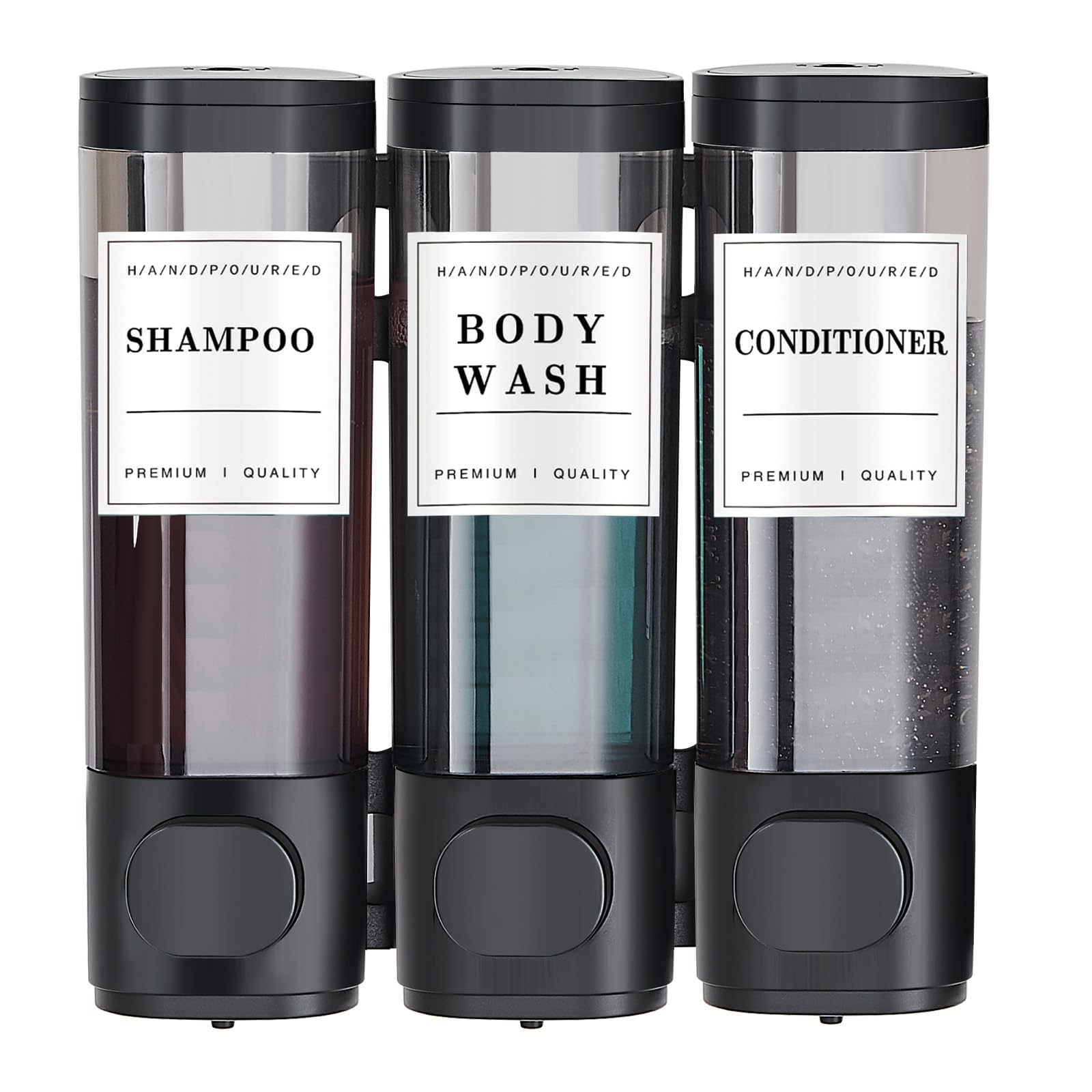 Shower Soap Dispenser 3 Containers, No Drill – Dispenser for Shampoo, Conditioner and Shower Gel Large Capacity (3 x 300 ml, Silver) for Bathroom, Kitchen, Hotel Black 3 Chambers Global Recycled Standard Global Recycled Standard Global Recycled Standard