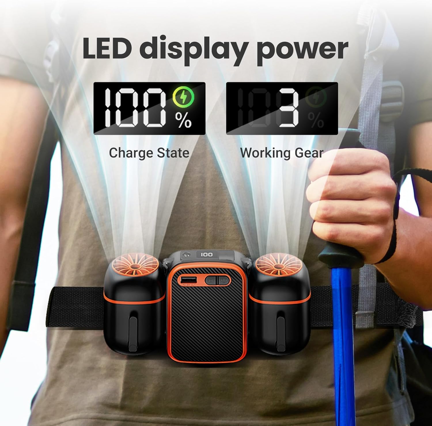 10000mAh Personal Waist Fan, 3 Speeds 12500RPM Strong Airflow, with up to 24H of Working Time, Wearable Belt Fan for Camping, Outdoor, Jobsite (Black orange)