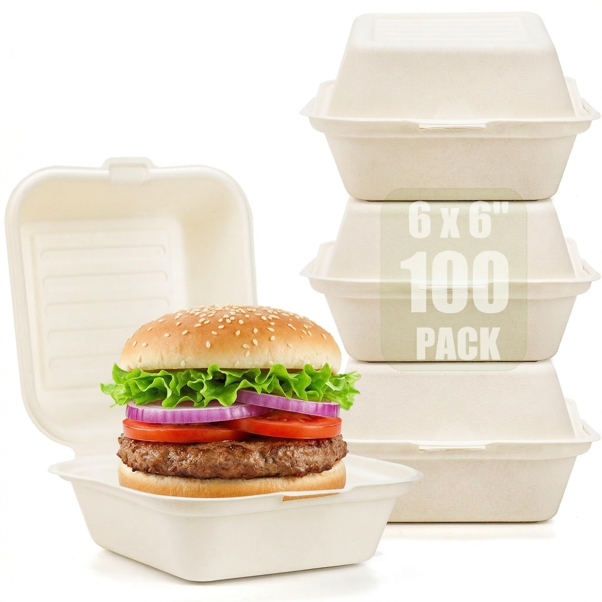 Peohud 100 Pack Compostable Clamshell Take Out Food Containers, 6 x 6 Inches Disposable To-Go Food Containers, Bagasse Bento Cake Box for Hamburger