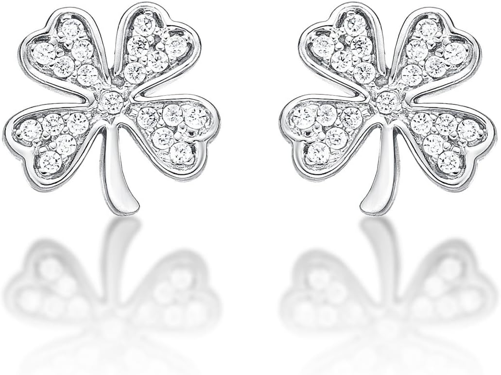 Diamond Treats Lucky 4 Leaf Clover Earrings in 925 Sterling Silver with White Cubic Zirconia Stones, Cute Four Leaf Clover Stud Earrings for Women, Dainty Silver Jewelry for Women