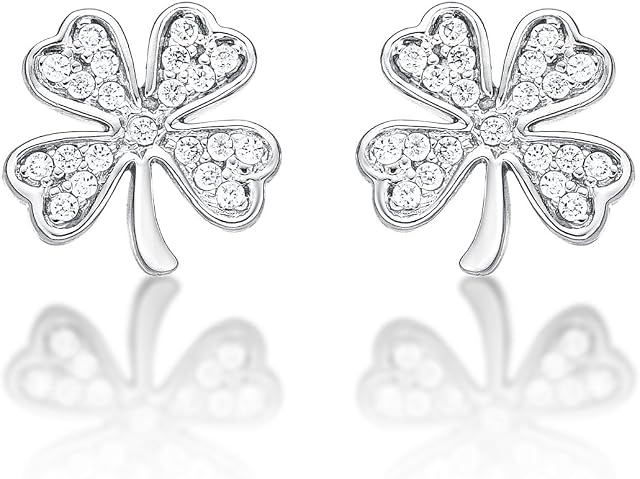 Diamond Treats Lucky 4 Leaf Clover Earrings in 925 Sterling Silver with White Cubic Zirconia Stones, Four Leaf Clover Stud Earrings for Women and Girls, Dainty Silver Jewellery for Women