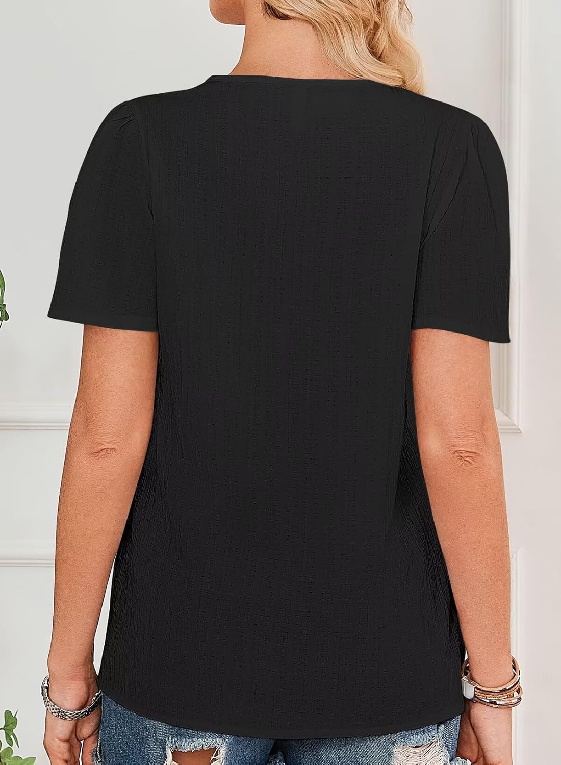 Womens Tops 2025 Boho Blouses Short Sleeve Flowy Square Neck Casual Peasant Summer Floral Lace Hem Textured Shirts - Image 3