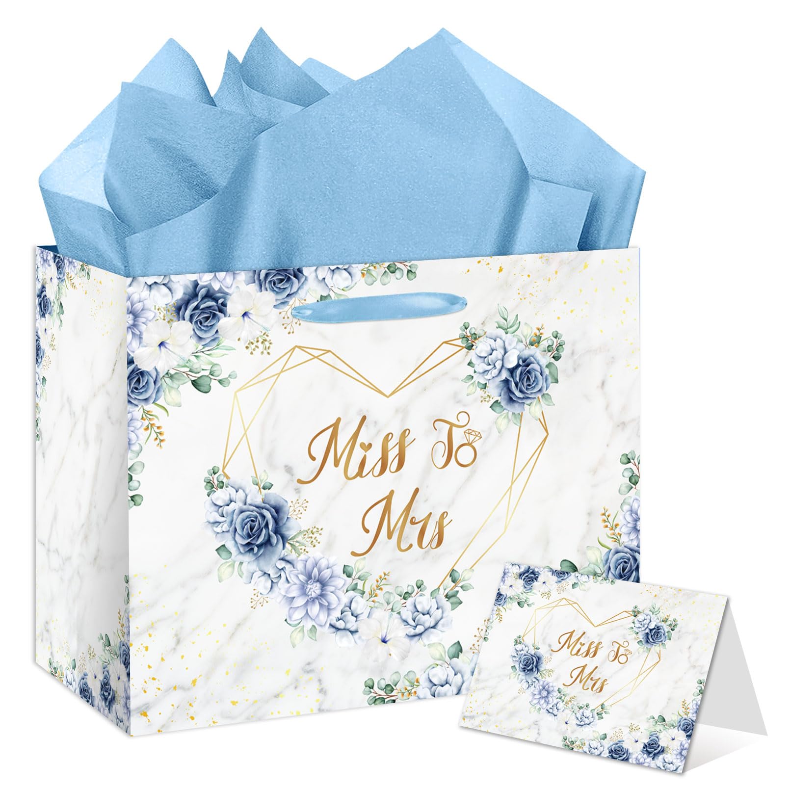 EIGHTSTATES Boho Bridal Shower Gift Bag Blue Floral Miss to Mrs Gift Bags with Card Tissue Bridal Shower Gift Wrapping Paper Bag for Weddings Bachelorette Parties Bridal Showers